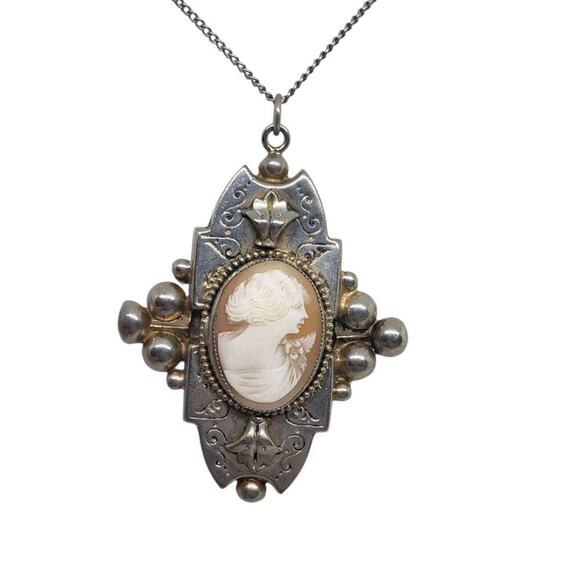 Vintage Cameo Pendant Necklace Silver Tone Ornate Art Deco Intaglio Large - Picture 1 of 14